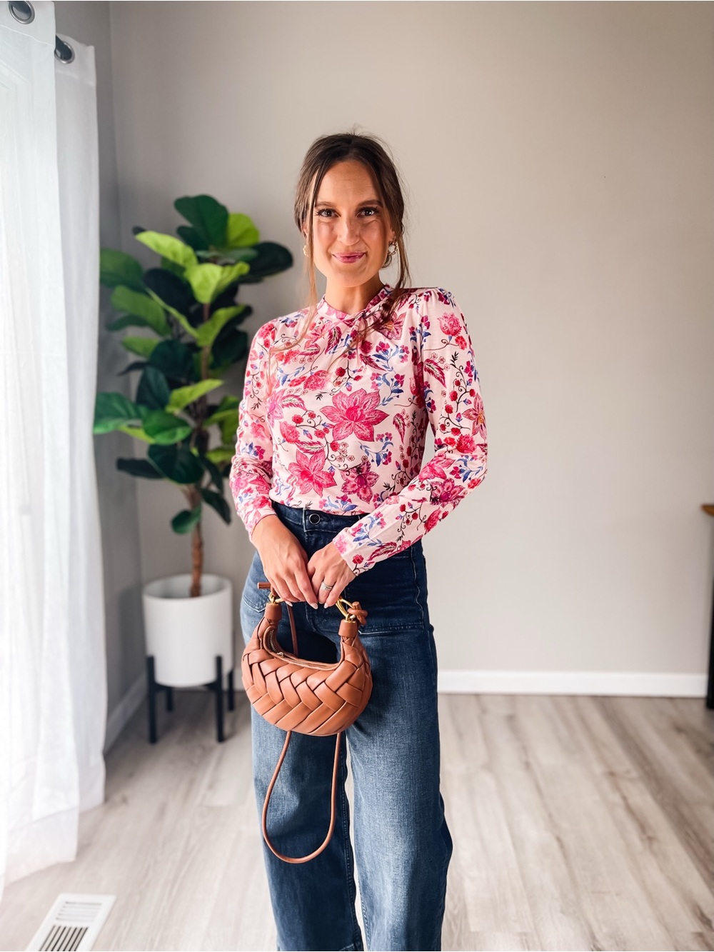Floral Long-Sleeve Twist Neck Top in Pink